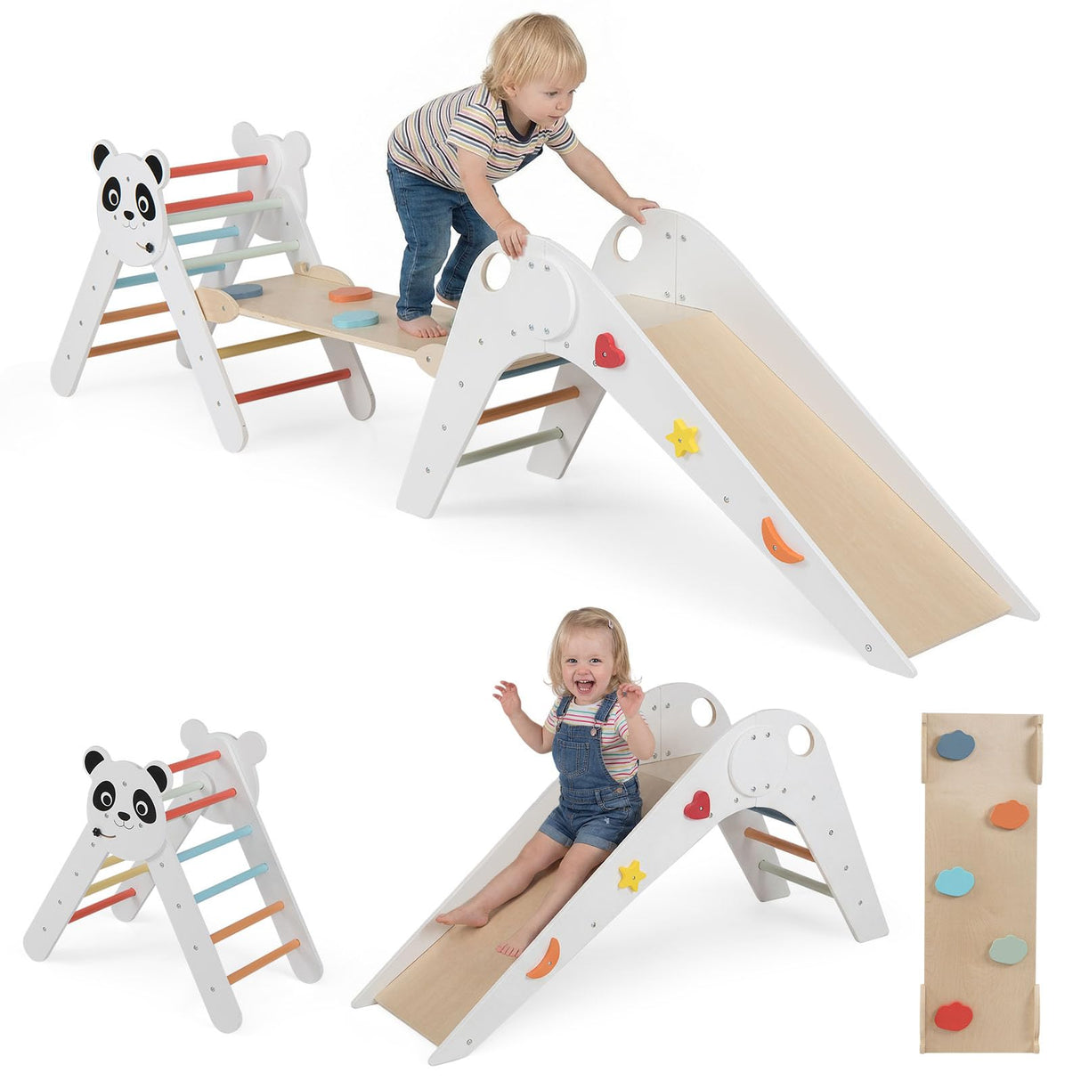 HONEY JOY Kids Triangle Climbing Set, Foldable Panda-Themed Wood Montessori Climbing Set
