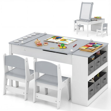 HONEY JOY Kids Table and Chairs Set, 2 in 1 Wooden Art Table & Easel Set for Children with 2 Chairs, 6 Storage Bins