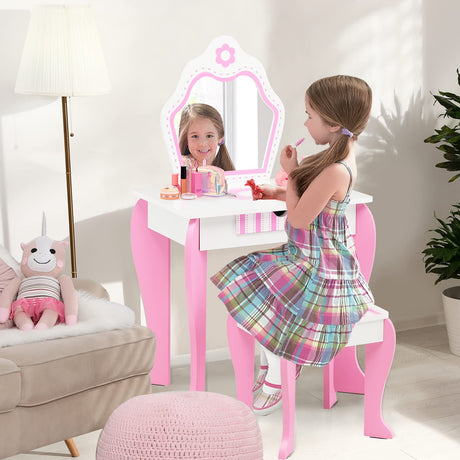 HONEY JOY Kids Vanity Table & Stool Set, 2-in-1 Princess Pretend Play Makeup Dressing Table Set w/Mirror & Drawer