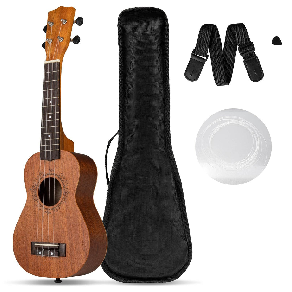 Soprano Mahogany Wooden Ukelele Set with Gig Bag and Adjustable Strap