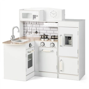 A white wooden kids corner kitchen playset with realistic microwave, oven, stove, sink with faucet, water dispenser, refrigerator, and storage cabinet.