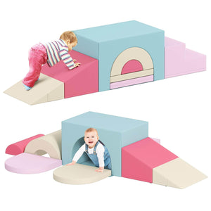 Children playing with a colorful soft play structure on a white background