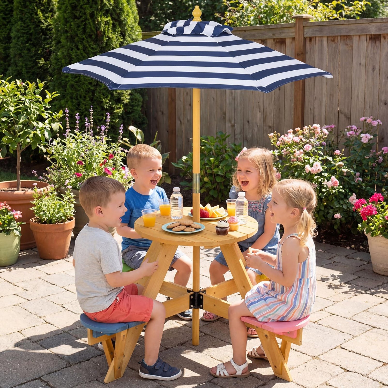 childrens patio umbrella Kids Picnic Table with Stools and Foldable Adjustable Umbrella for Bac – Babyjoy