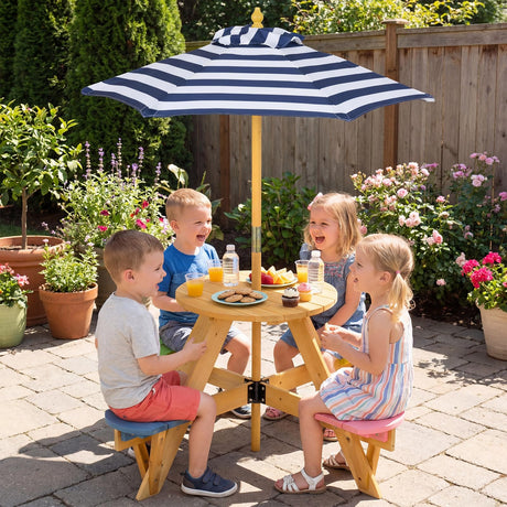 Kids Picnic Table with Stools and Foldable Adjustable Umbrella for Backyard and Patio