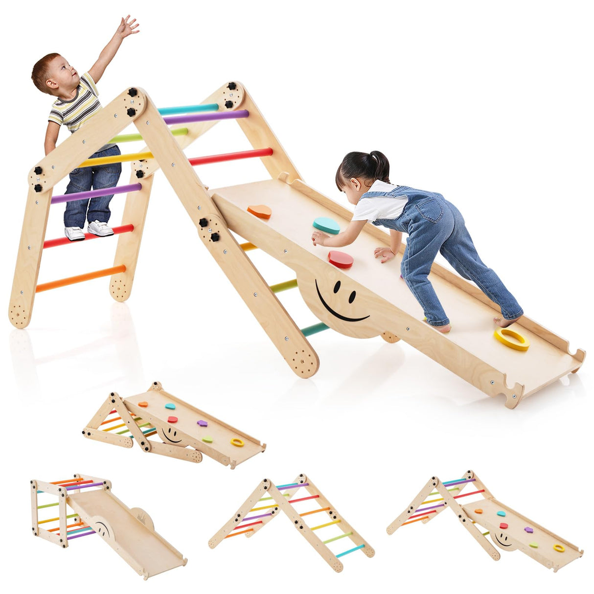 HONEY JOY Kids Climbing Playset, Children Triangle Ladder Play Toy Indoor Jungle Gym w/Reversible Ramp