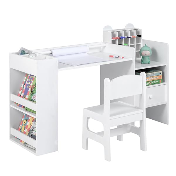 Kids Art Table & Chair Set, Toddler Painting Desk w/Detachable Paper Roll Holder & Cubby Cabinet