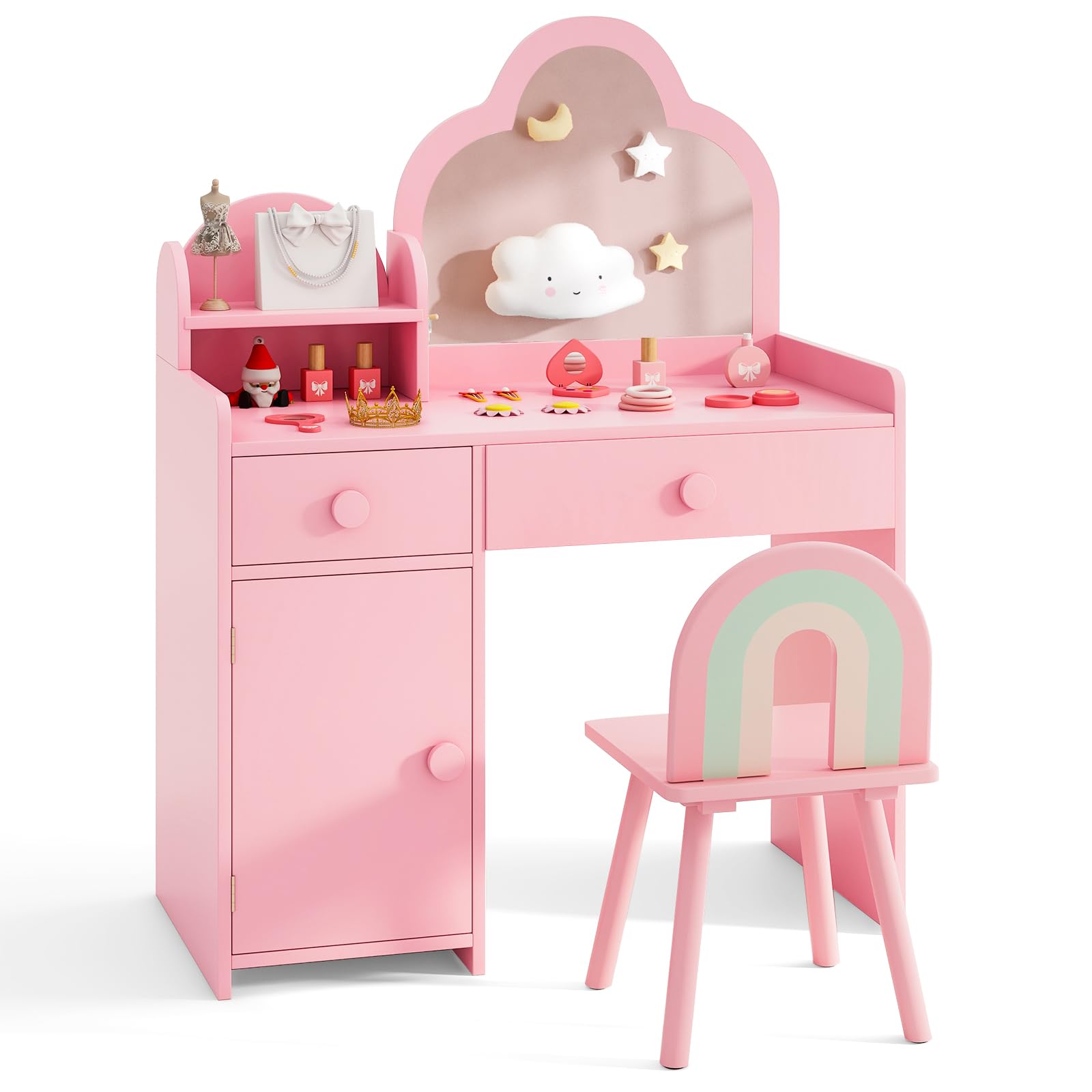 HONEY JOY 2-in-1 Kids Vanity Set w/Mirror, Princess Makeup Table w