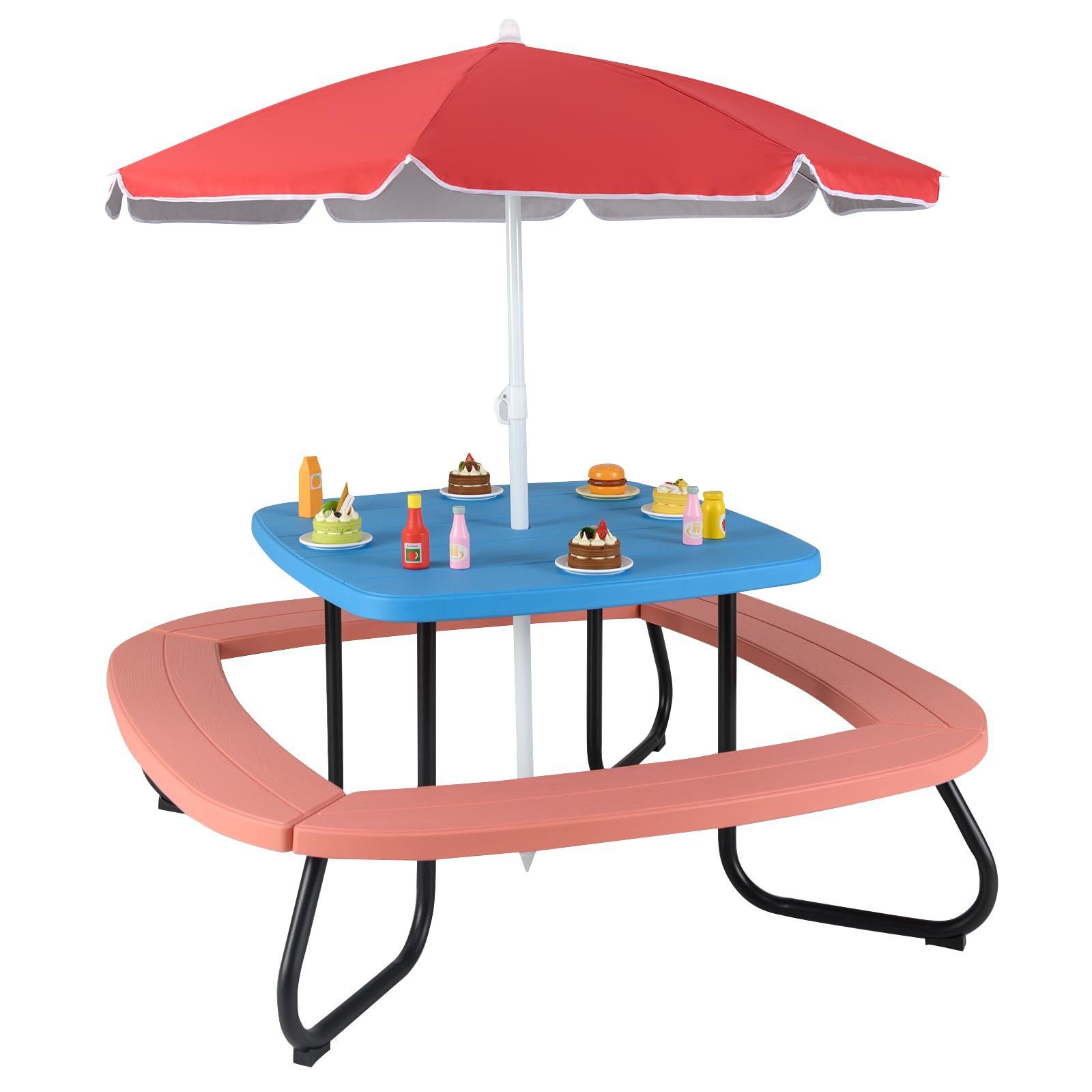 HONEY JOY 8 Person Kids Picnic Table, HDPE Picnic Table Set w/Sturdy Metal Frame for Ages 3+