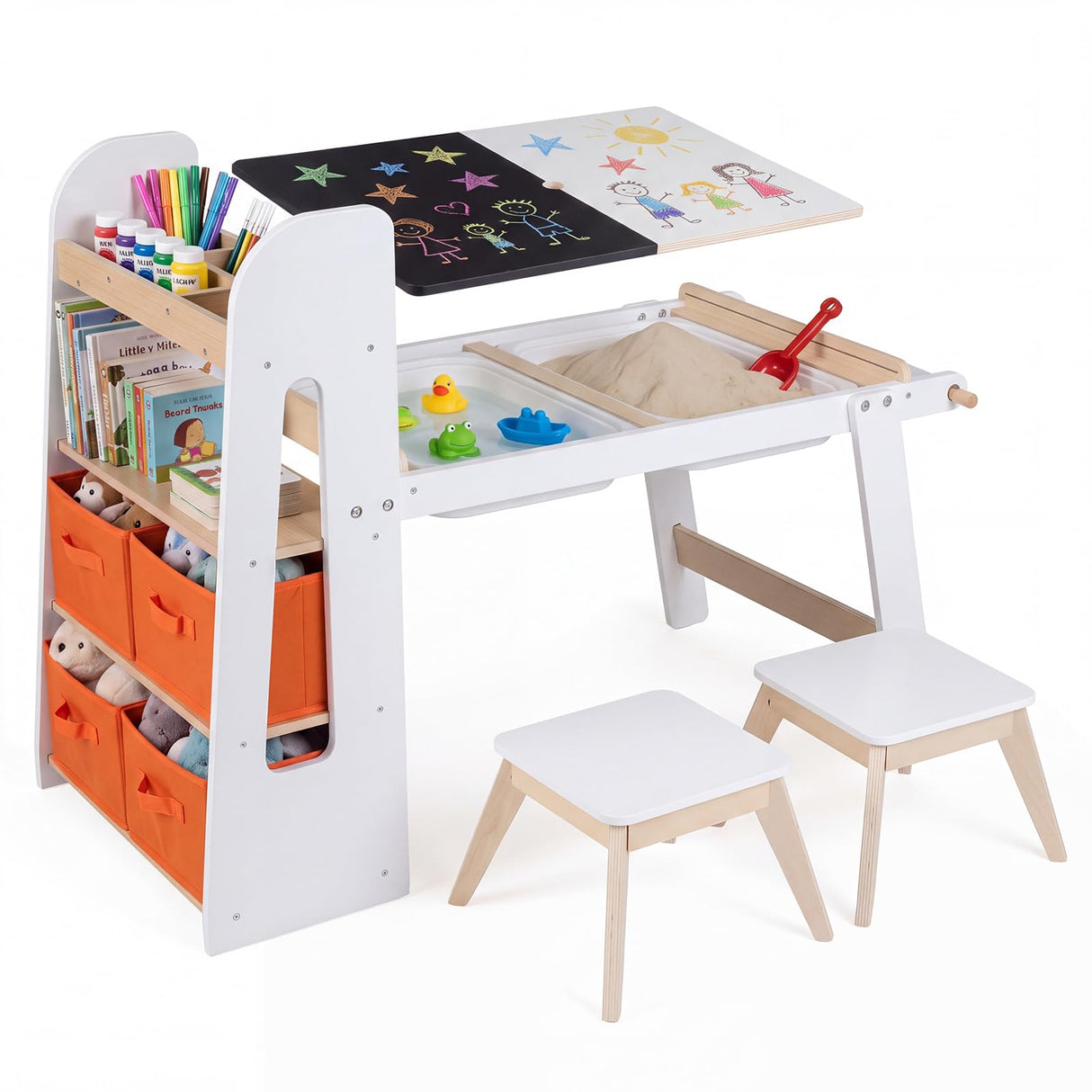 HONEY JOY Kids Sensory Table and Chairs,Art Desk Set with Paper Roll