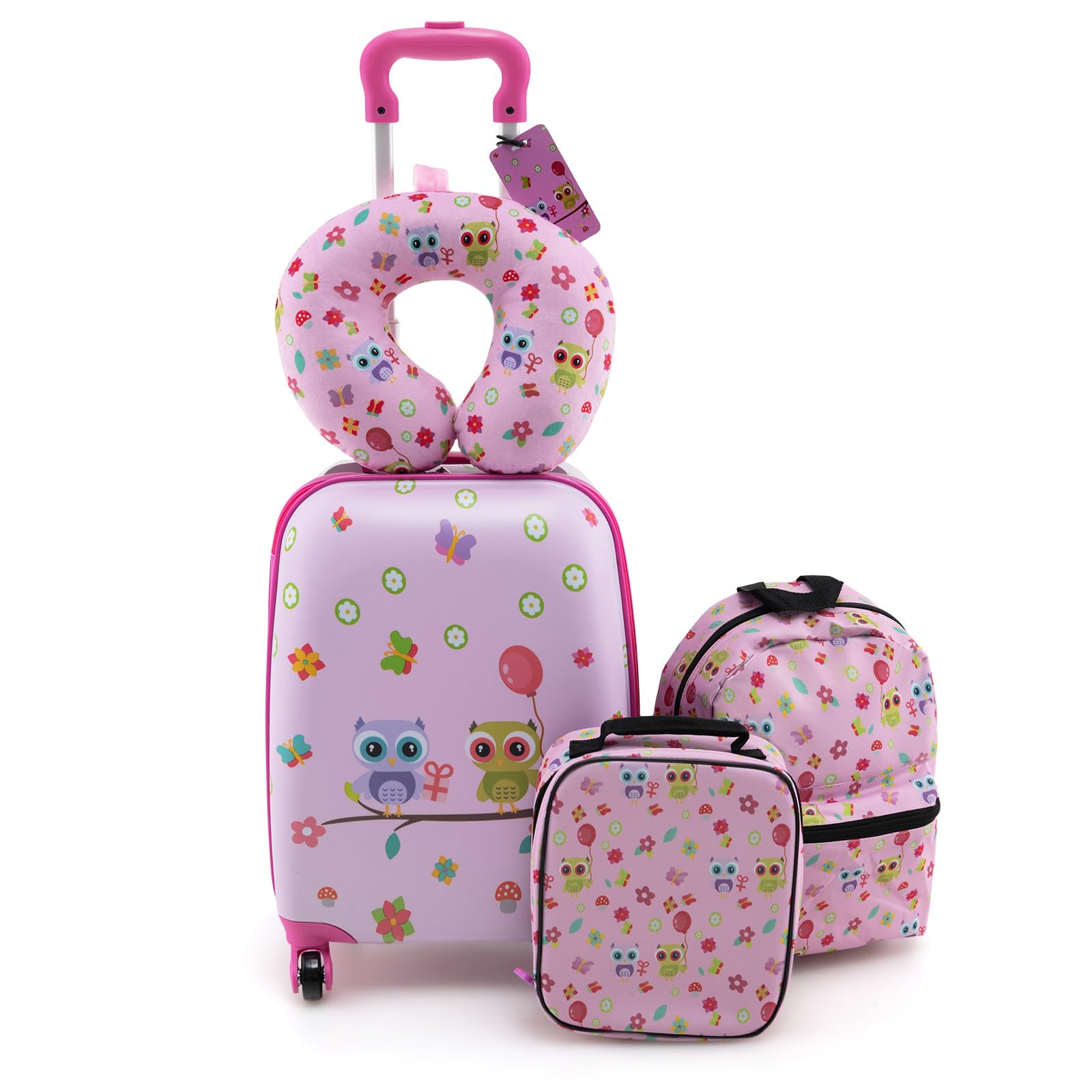 BABY JOY 5 Pieces Kids Luggage Set Carry on Children Rolling Suitcase Set w Backpack Neck Pillow Name Tag Lunch Bag