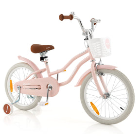A pink 18 inch kids bike with training wheels and a front basket, suitable for 3-8 years old children.