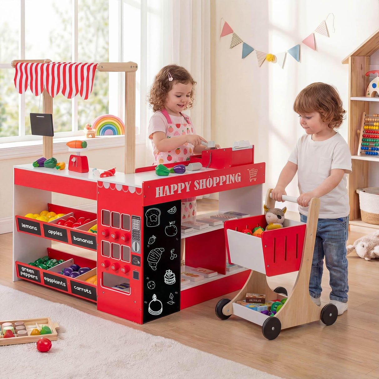 Kids Grocery Store Playset, Wooden Pretend Play Supermarket w/Shopping Cart