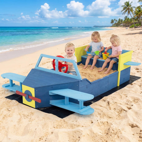 HONEY JOY Glider-Shape Kids Sandpit, Large Wooden Outdoor Sand Box w/Bench Seat