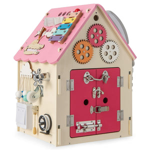 HONEY JOY Kids Wooden Busy House Toy, Montessori Play House w/Sensory Games & Interior Storage Space