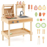 Wooden Barbecue Grill Toy Set with Sink and Faucet Kids BBQ Grill Playset