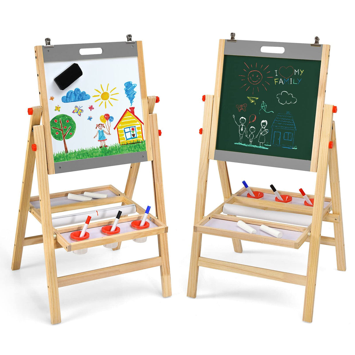 BABY JOY Kids Art Easel, 3-in-1 Wooden Toddler Easel w/Paper Roll, Storage Tray, Eraser