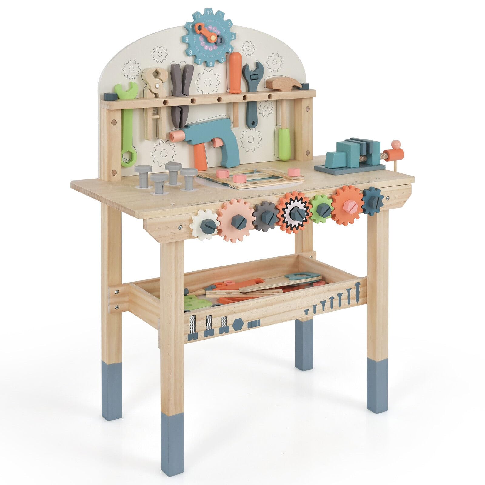 HONEY JOY Kids Tool Bench, Wooden Pretend Workbench w/63 Toy Tools