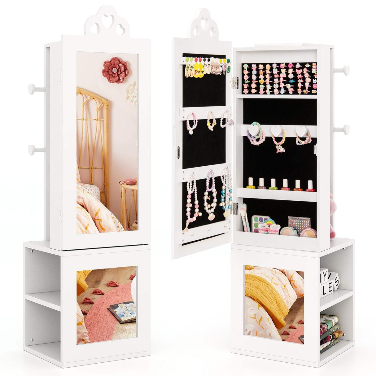 HONEY JOY Kids Jewelry Cabinet, 3-in-1 Freestanding Jewelry Armoire