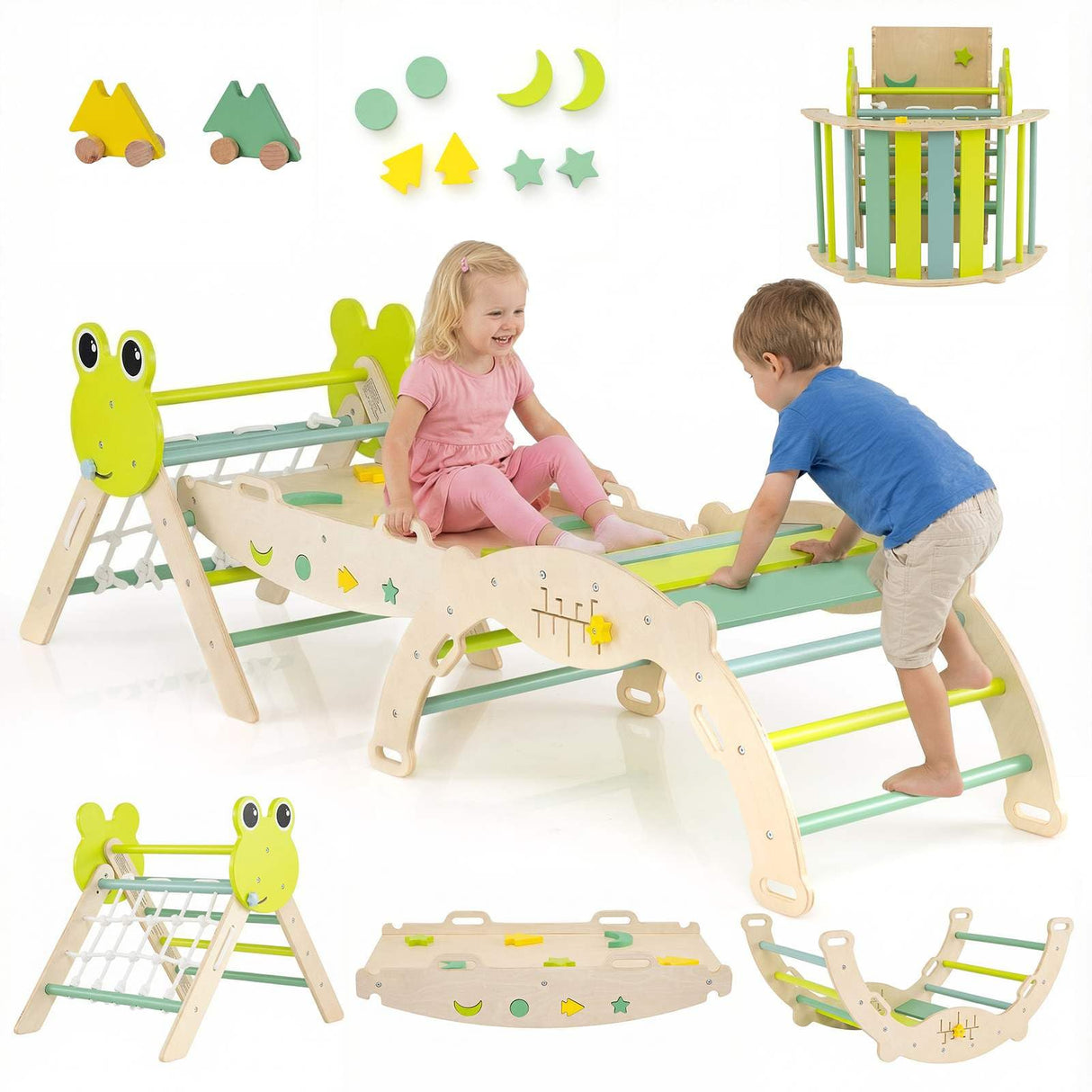 HONEY JOY 8-in-1 Wooden Triangle Set, Foldable Montessori Climbing Toys