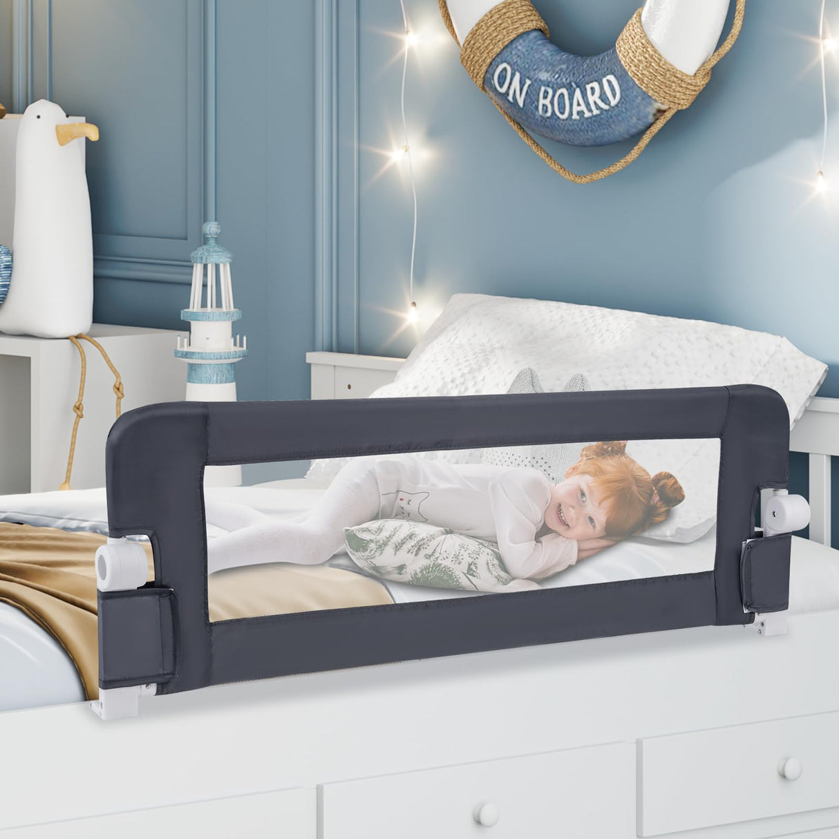 BABY JOY 120 cm Bed Rail Guard for Toddlers, Universal Baby Fold Down Bed Rail w/Adjustable Safety Strap & Breathable Mesh