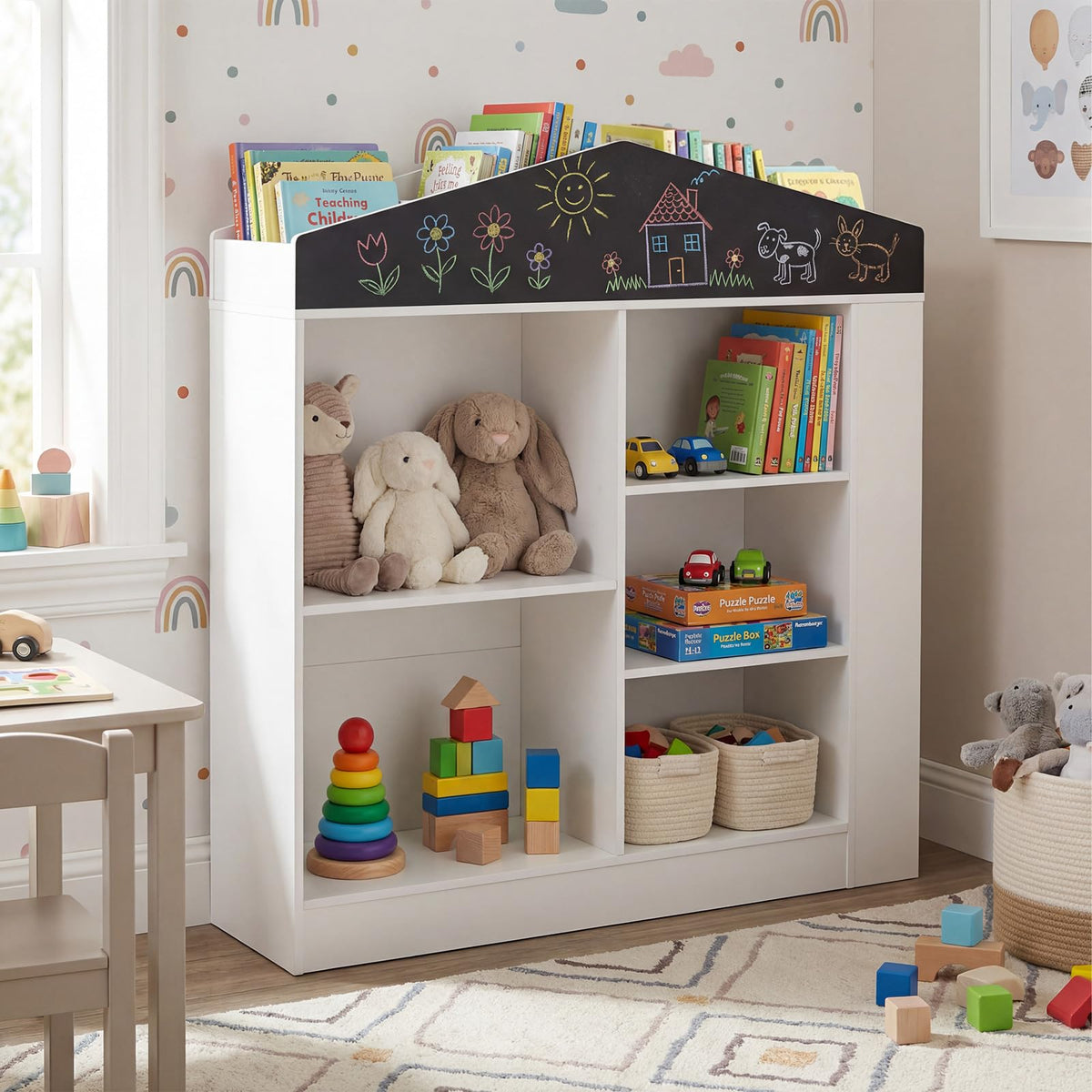 HONEY JOY Kids Toy Storage Box, House Shaped Toy Organiser Cabinet, w ...