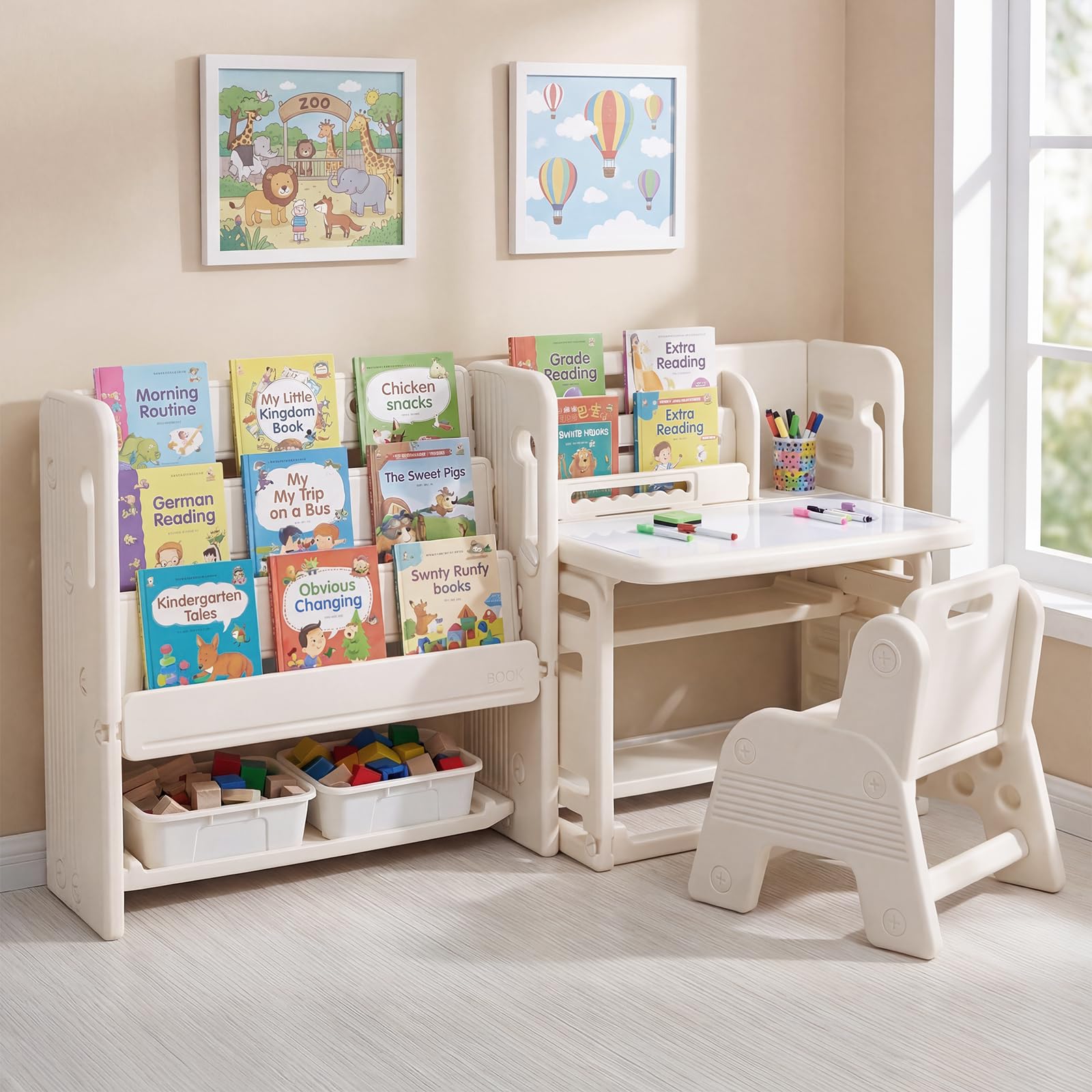 HONEY JOY Kids Desk and Chair Set, Children Writing Desk with Side