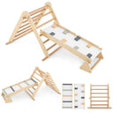 A 3-in-1 Pikler triangle climbing set with a dual-side ramp and adjustable climbing triangle, made of natural wood color, shown in different configurations for play and storage.