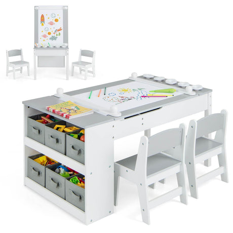 HONEY JOY Kids Table and Chairs Set, 2 in 1 Wooden Art Table & Easel Set for Children with 2 Chairs, 6 Storage Bins