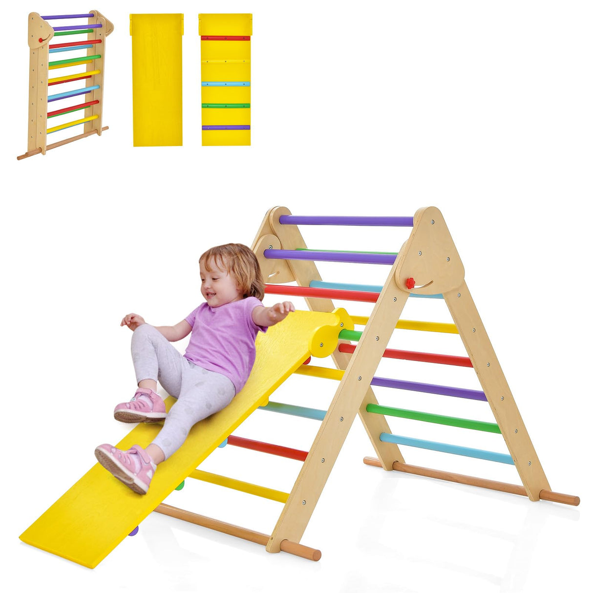 HONEY JOY Kids Climbing Triangle Playset, Foldable Climbing Triangle Ladder w/Adjustable & Reversible Ramp