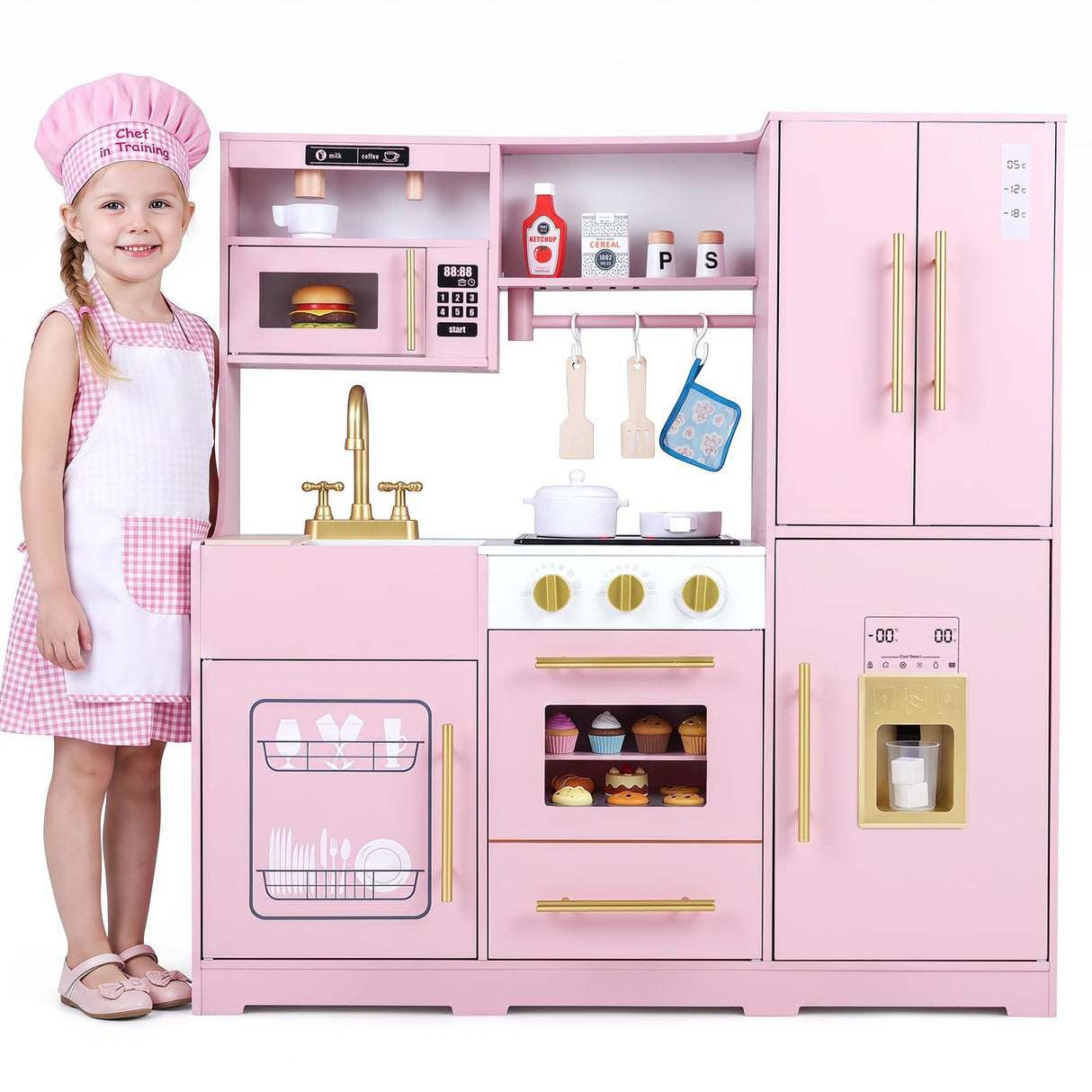 Wooden Play Kitchen with Lights & Sounds and Sink Stove Oven for Kids Ages 3+