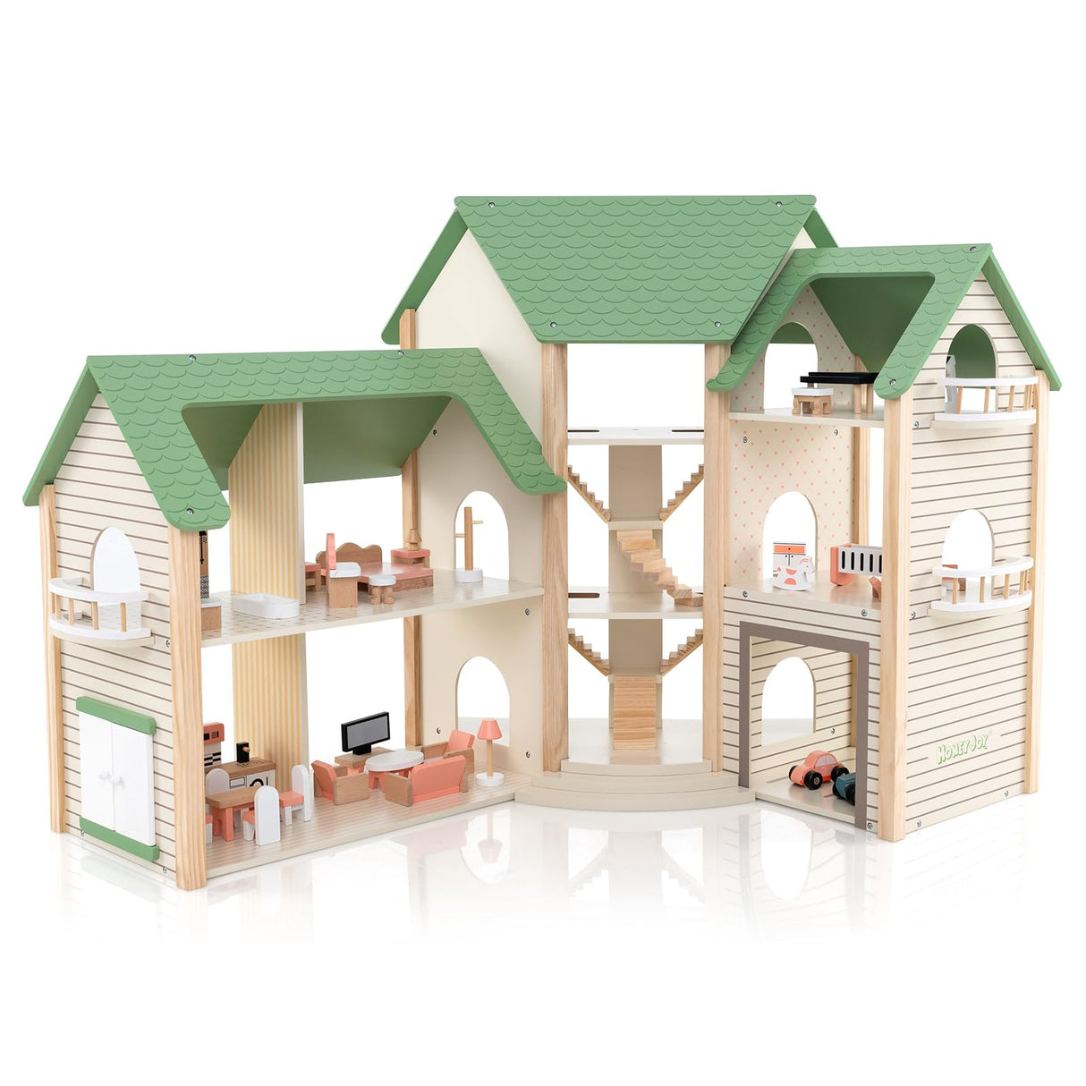 HONEY JOY Wooden Corner Dollhouse Playset, Green Roof Doll House with 34 Pieces of Furniture and Accessories