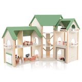 HONEY JOY Wooden Corner Dollhouse Playset, Green Roof Doll House with 34 Pieces of Furniture and Accessories