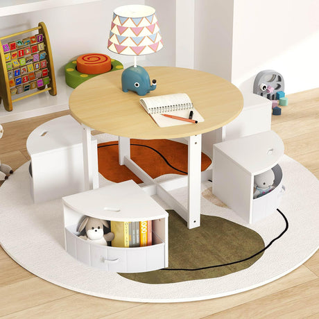 HONEY JOY Kids Table and Chair Set, 5 Piece Toddler Round Nesting Table with 4 Storage Stools for Activity