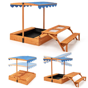 A kids' wooden sand box with a lid cover and a detachable blue canopy. The image shows the sand box with the canopy in different positions and the components separately.