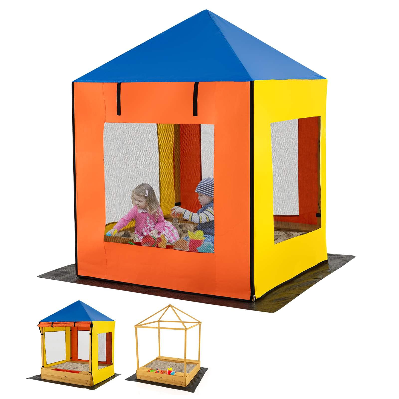 Kids Wooden Sandbox with Canopy, Outdoor Large Fir Wood Playhouse