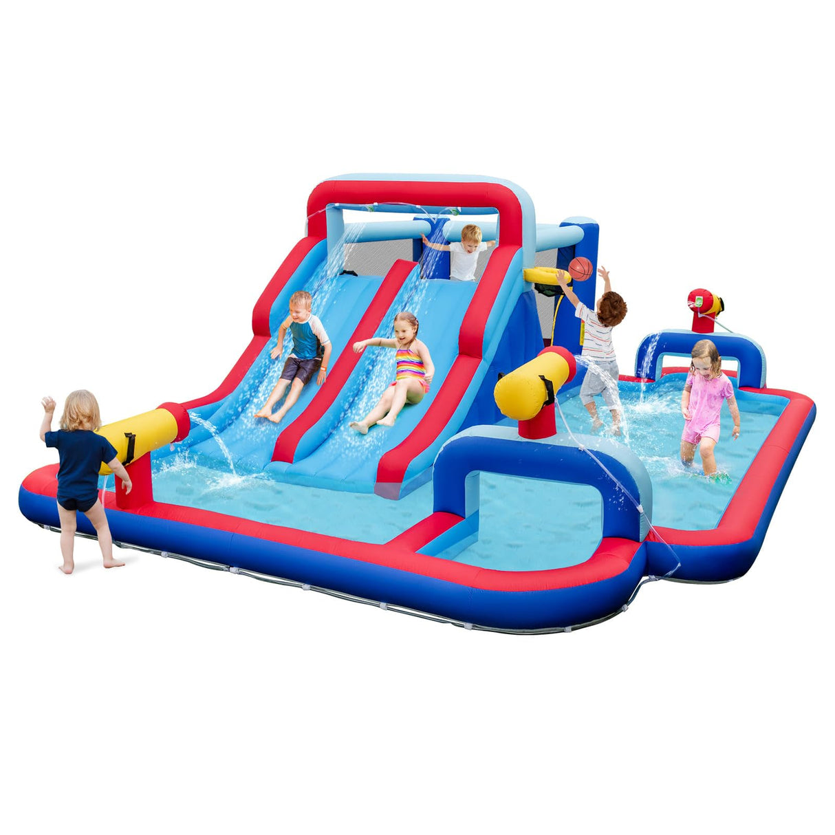 HONEY JOY Water Slide Park, 5-in-1 Inflatable Jumping House w/Dual Slides, Climbing Wall, Splash Pool, Basketball Rim, Water Cannons