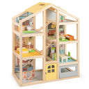 Wooden dollhouse with colorful interior furniture on a white background