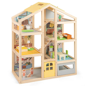 Wooden dollhouse with colorful interior furniture on a white background