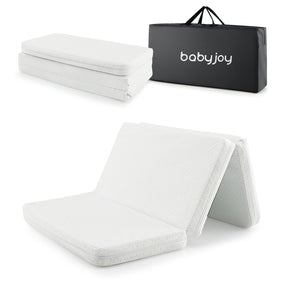A tri-fold baby cot mattress with a removable zippered cover, displayed in folded and unfolded states, alongside its carrying bag.
