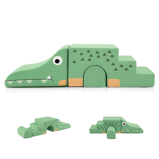 Green crocodile-shaped building block set on a white background