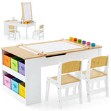 HONEY JOY Kids Table and Chairs Set, 2 in 1 Wooden Art Table & Easel Set for Children with 2 Chairs, 6 Storage Bins