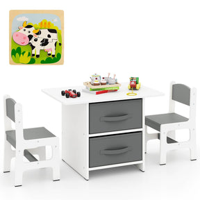 Children's table and chairs set with toys and a puzzle on a white background
