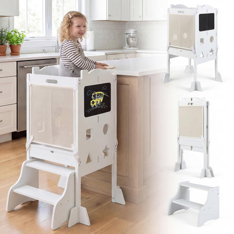 BABY JOY Foldable Toddler Tower with 3 Using Modes Step Stool Standing Kitchen Tower