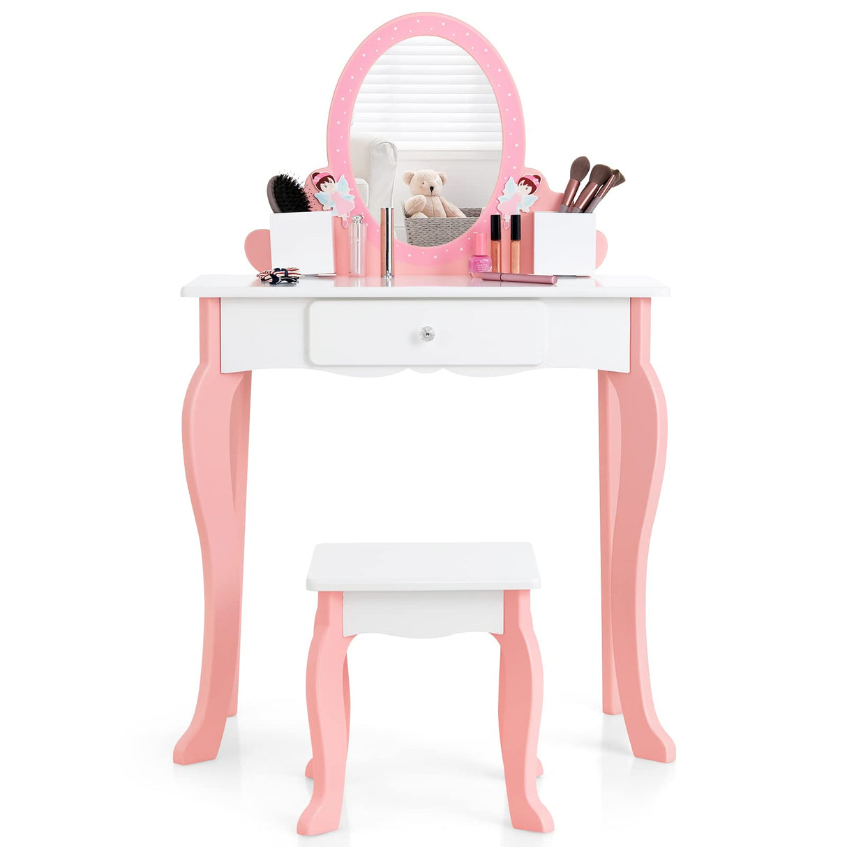 HONEY JOY Kids Vanity Table & Stool Set, 2-in-1 Children Makeup Dressing Table w/Mirror, Chair, Drawer, Pen Holders & Detachable Top