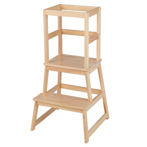 A natural wood kids' step stool with safety railings, featuring a two-tiered design that can also serve as a stool or a ladder.
