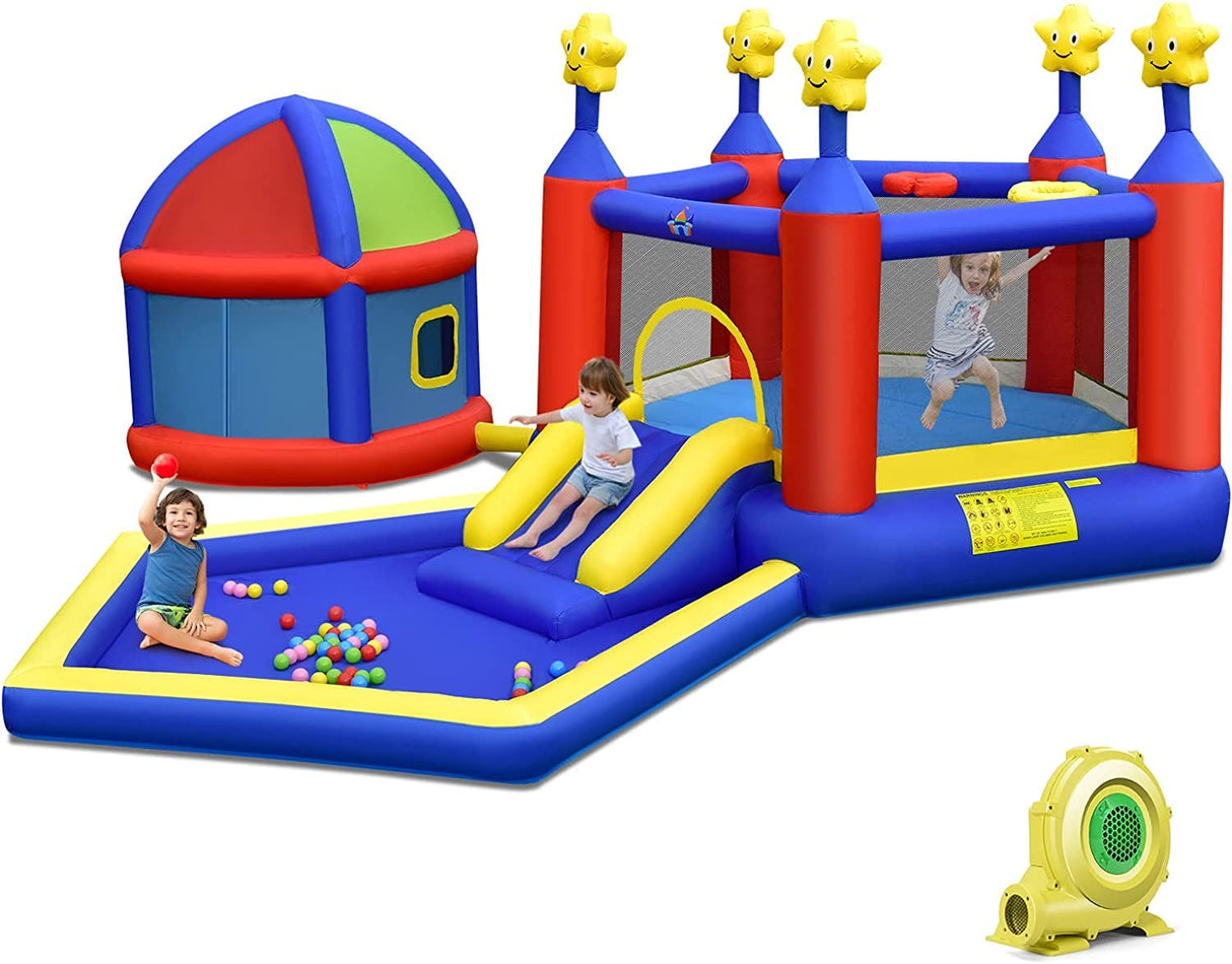 HONEY JOY Inflatable Bounce House with Playhouse, 5-in-1 Star Themed Bouncy Castle w/Double Basketball Hoops