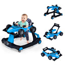 A collage of images showing a black 4-in-1 baby walker designed to look like a racing car. It features a checkered seat, a steering wheel, and two rear wheels.