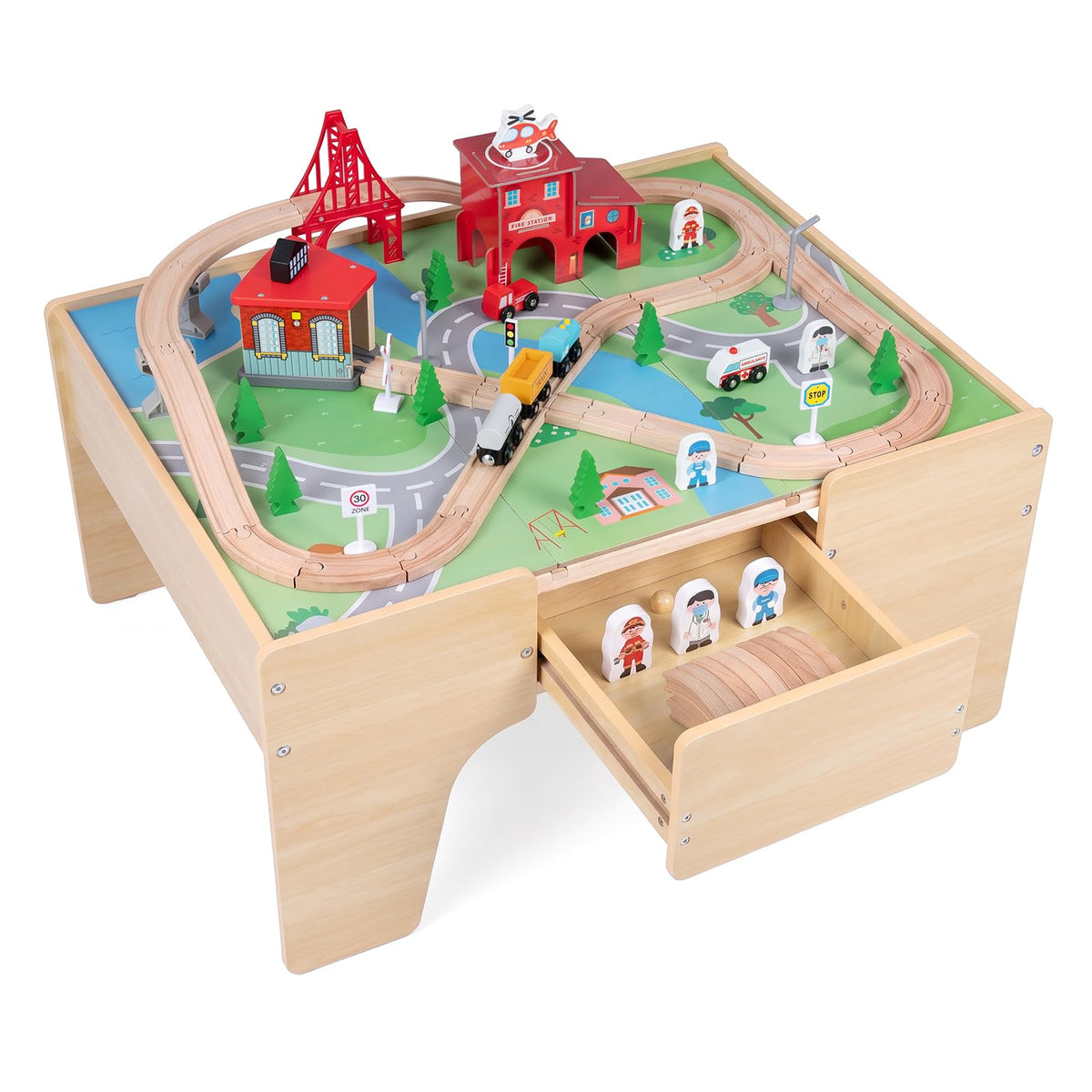HONEY JOY 63-Piece Kids Wooden Train Table w/Storage Drawer