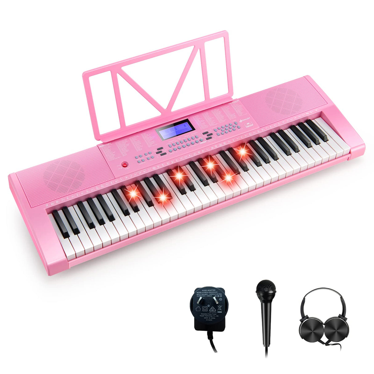 HONEY JOY 61 Key Piano Keyboard, Portable Electronic Keyboard Piano with Lighted Keys, LCD Screen (Pink)