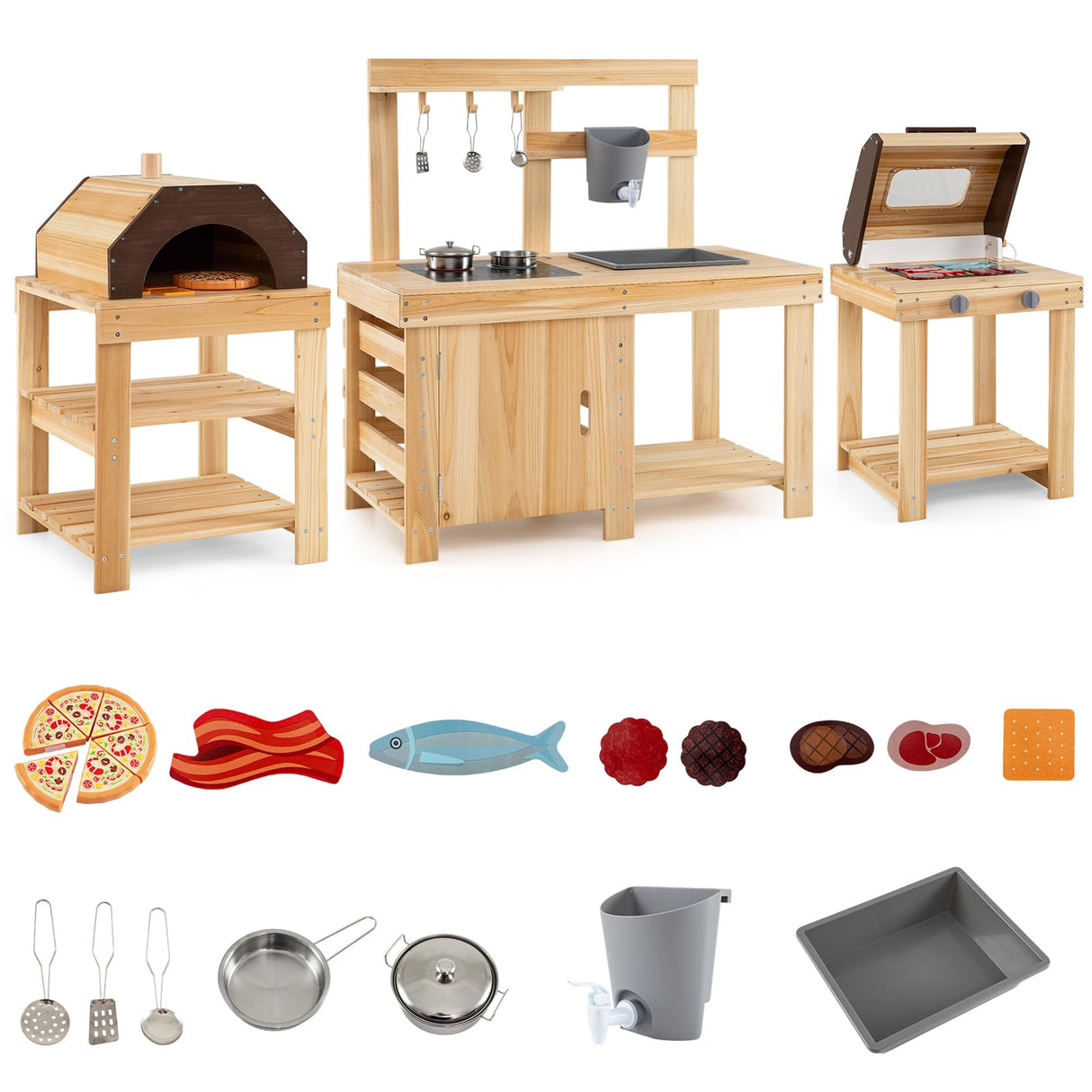 HONEY JOY 3-Piece Kids Playset for Outdoor w/Mud Kitchen, BBQ Grill, Pizza Oven
